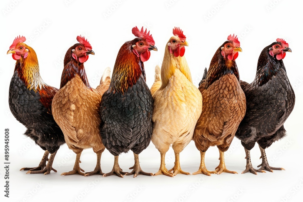 Fototapeta premium Group of colorful chickens standing in a row, facing forward, white background