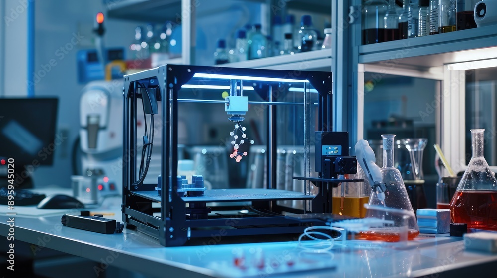 printer creating a scientific model on a lab bench. printer creating a scientific model on a lab bench.
