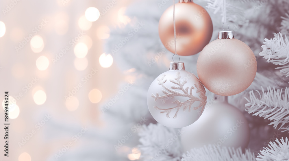 A close-up of a Christmas tree with ornaments and a shiny Christmas ball hanging from the branches A close-up of a Christmas tree with ornaments and a shiny Christmas ball hanging from the branches