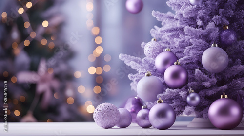 Festive purple Christmas background with sparkling purple balls and ornaments.