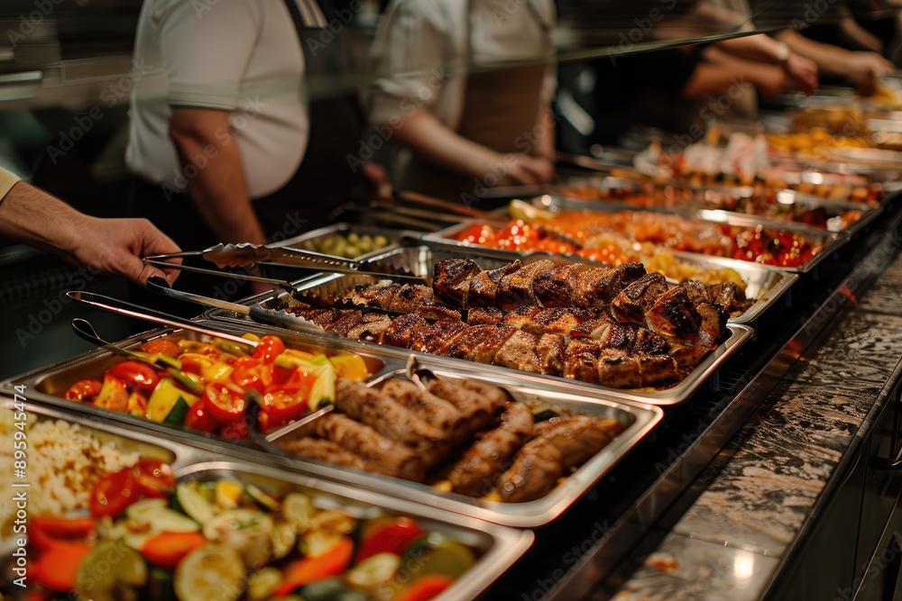 Obraz premium A bustling catering event, with chefs preparing exquisite dishes in an open kitchen. Catering buffet food indoor in restaurant