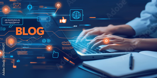 Businesswoman working on laptop with blog hologram and social media icons