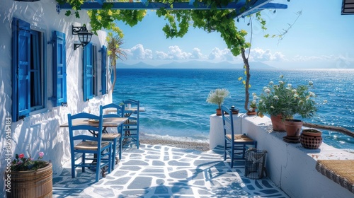 Obraz na plátně Typical blue and white Greek restaurant, taverna by the sea