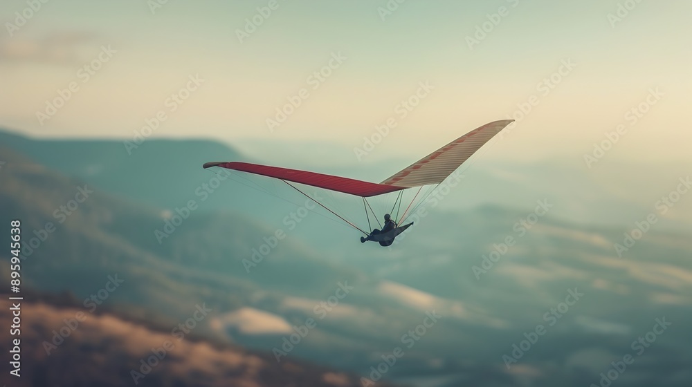 Naklejka premium Serene Aerial Adventure:Hang Glider Soaring Through Sky with Blurred Landscape