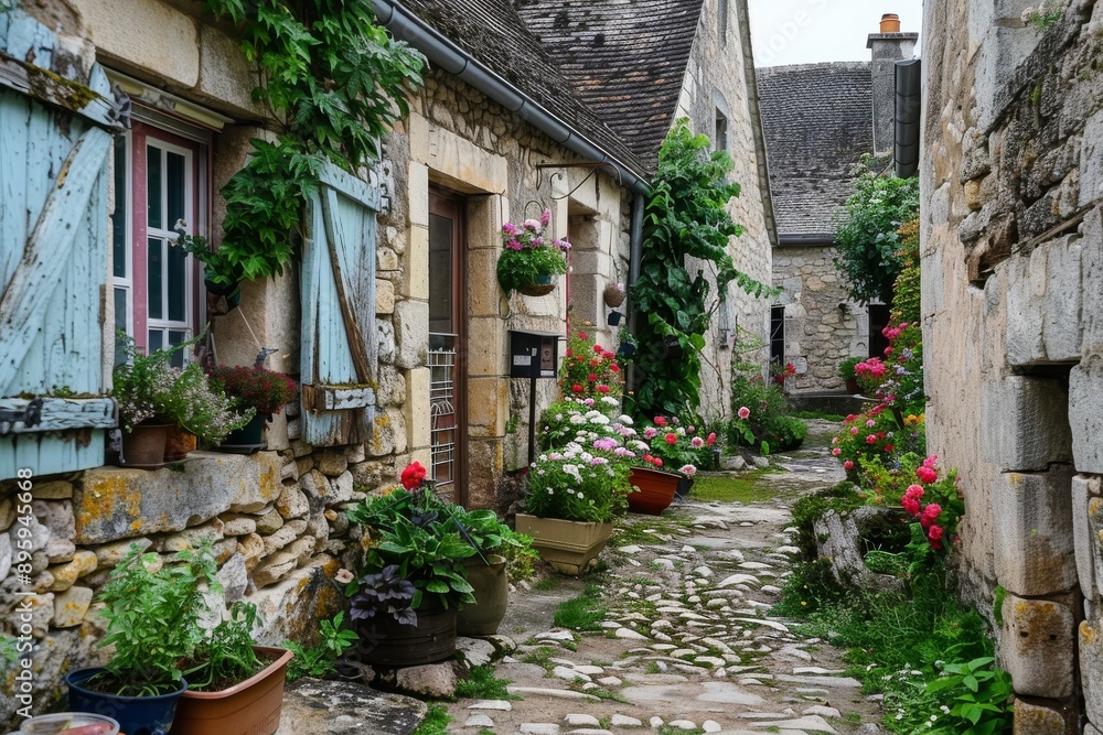 Fototapeta premium Stone Pathway Through a Flower Filled Village Alley.