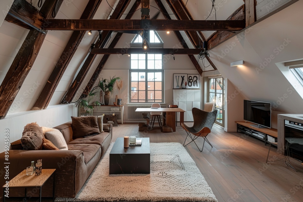 Interior of a modern attic living room with wooden beams and furniture Interior of a modern attic living room with wooden beams and furniture