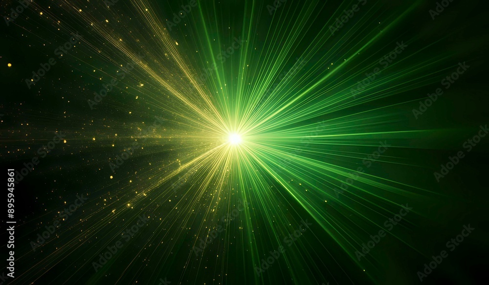 Naklejka premium Asymmetric burst of green rays of light on a dark green background with green, yellow and gold sparkles