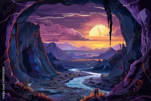 Mystical alien landscape with river flowing through canyon at sunset