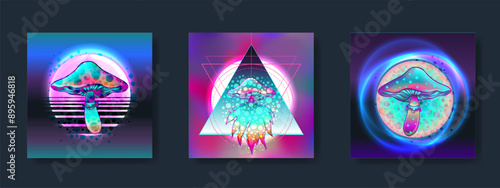 Retro futurism. Vintage 80s or 90s style background with magic mushrooms. Good design for textile t-shirt print design, flyer and poster. Futuristic vector illustration in bright neon colors.