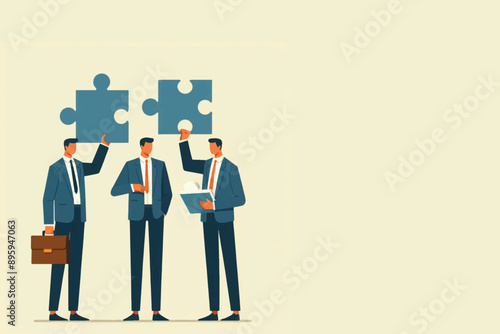 Illustration of businessmen collaborating to achieve a goal, symbolized by puzzle pieces and a trophy. Depicts teamwork and success.
