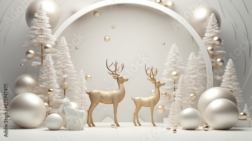 3D scene gold deer with white background in christmas theme