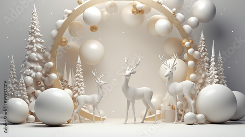 3D scene silver deer with white background in christmas theme