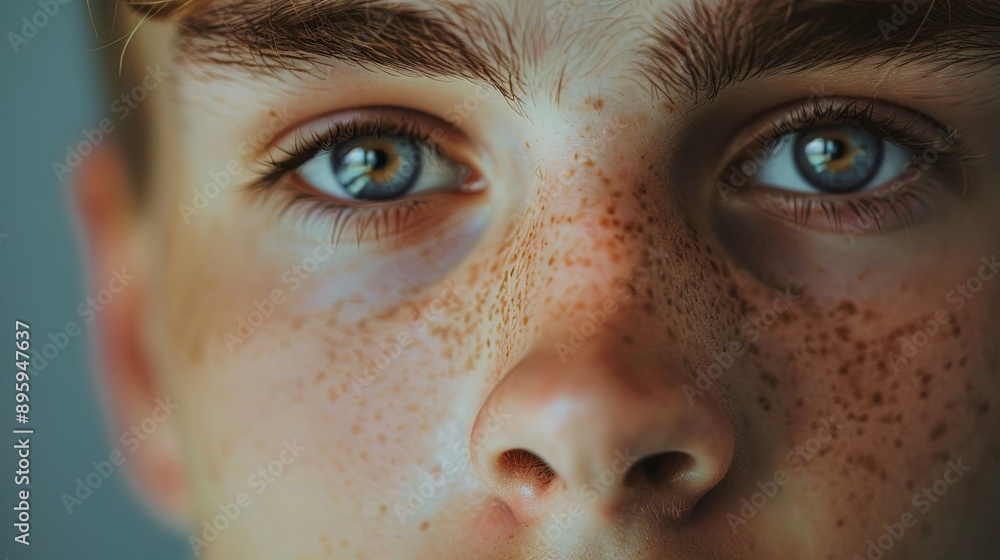 Close-up, beautiful blue eyes of a freckled teenager Close-up, beautiful blue eyes of a freckled teenager