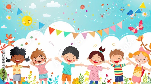 banner for International Children's Day. Vector illustration, smiling children of different nationalities holding hands on a peaceful sky background. Concept of equal rights for a happy childhood.