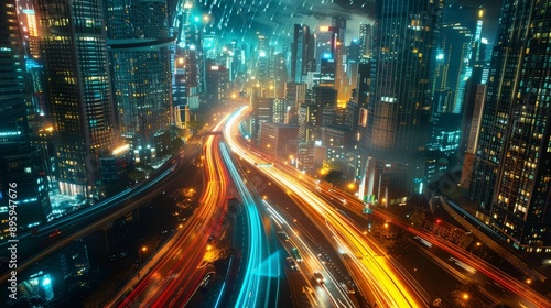 Nighttime Cityscape With Illuminated Skyscrapers traffic