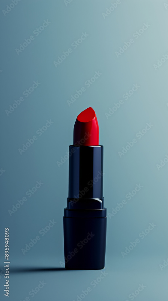 Red lipstick on blue background, minimalist studio shot. Beauty and cosmetics concept Red lipstick on blue background, minimalist studio shot. Beauty and cosmetics concept