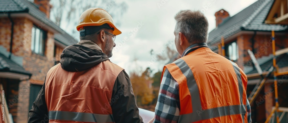 An engineer oversees a house building project checking blueprints and discussing details with a colleague The scene is set at a construction site with partially built homes and construction materials An engineer oversees a house building project checking blueprints and discussing details with a colleague The scene is set at a construction site with partially built homes and construction materials