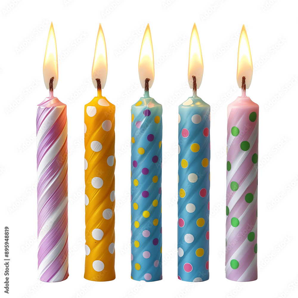 Set of birthday candles with flame, colorful candles, cake decoration. Isolated on transparent background Set of birthday candles with flame, colorful candles, cake decoration. Isolated on transparent background
