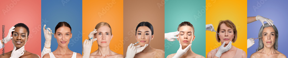 © Prostock-studio - Seven multiethnic women of different ages shown receiving facial injections in a studio setting. Each woman is positioned in front of a colorful background
