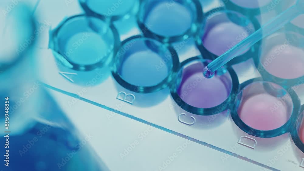 Pipette adding sample of purple liquid into the well of laboratory microtiter plate. Extreme close-up shot Pipette adding sample of purple liquid into the well of laboratory microtiter plate. Extreme close-up shot