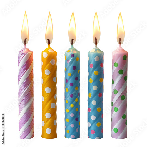 Set of birthday candles with flame, colorful candles, cake decoration. Isolated on transparent background