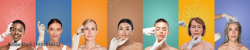 Fotografi Seven multiethnic women of different ages shown receiving facial injections in a studio setting