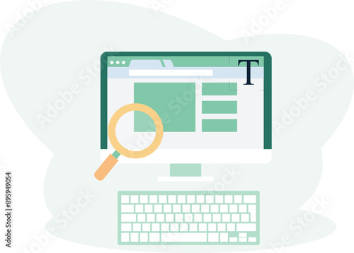 computer display will show the data searching and data analysis process with security flat vector illustration
