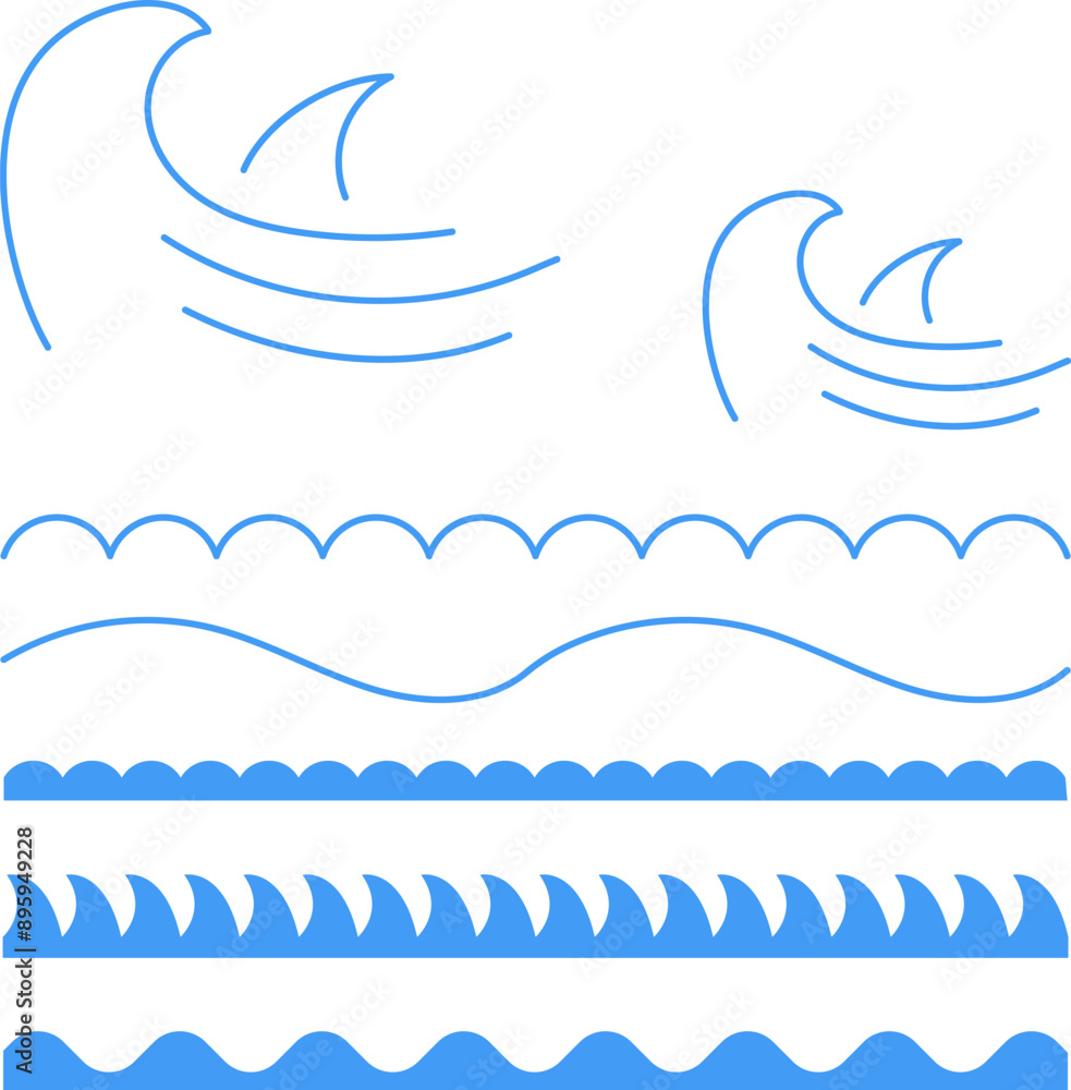 Blue line wave ornament. Water wave, sea wave, Wavy line set. Line water waves icon. Seamless vector marine wave decoration pattern isolated on white background. Blue line wave ornament. Water wave, sea wave, Wavy line set. Line water waves icon. Seamless vector marine wave decoration pattern isolated on white background.