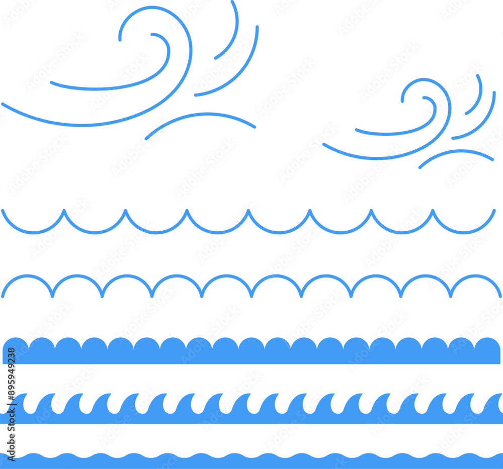 Blue line wave ornament. Water wave, sea wave, Wavy line set. Line water waves icon. Seamless vector marine wave decoration pattern isolated on white background. Blue line wave ornament. Water wave, sea wave, Wavy line set. Line water waves icon. Seamless vector marine wave decoration pattern isolated on white background.