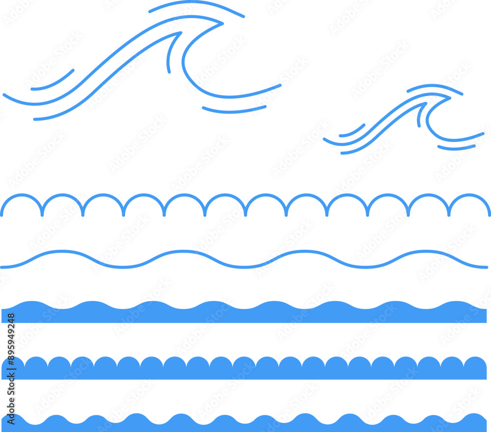 Blue line wave ornament. Water wave, sea wave, Wavy line set. Line water waves icon. Seamless vector marine wave decoration pattern isolated on white background. Blue line wave ornament. Water wave, sea wave, Wavy line set. Line water waves icon. Seamless vector marine wave decoration pattern isolated on white background.