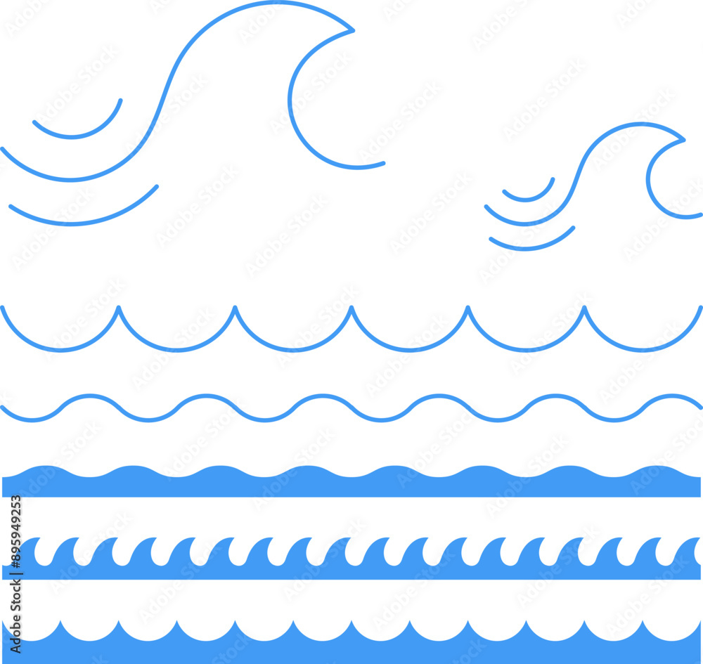 Blue line wave ornament. Water wave, sea wave, Wavy line set. Line water waves icon. Seamless vector marine wave decoration pattern isolated on white background. Blue line wave ornament. Water wave, sea wave, Wavy line set. Line water waves icon. Seamless vector marine wave decoration pattern isolated on white background.