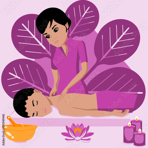 Traditional wellness back and neck massage with professional massage therapis in spa. Indian nationality. Isolated flat vector illustration. photo