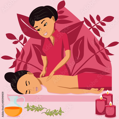 Traditional wellness back and neck massage with professional massage therapis in spa. Eastern nationality. Isolated flat vector illustration. photo