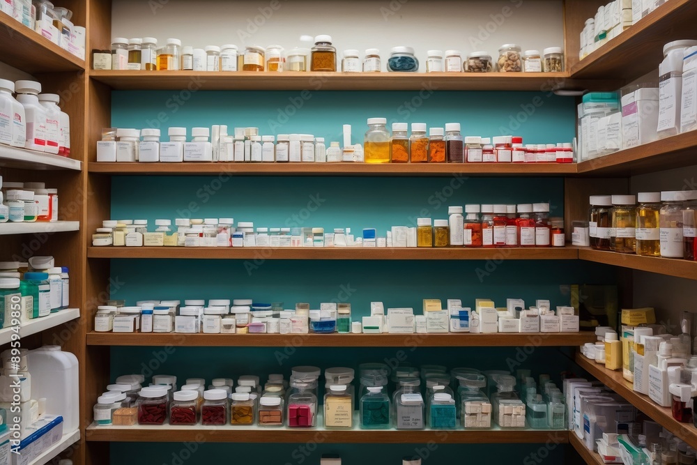 Glass jars and bottles on pharmacy shelves with vibrant teal background Glass jars and bottles on pharmacy shelves with vibrant teal background