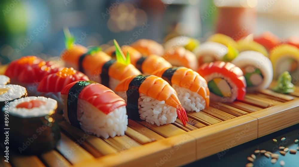 Exquisite Sushi Platter with Vibrant Colors and Distinct Pieces on Bamboo Mat Exquisite Sushi Platter with Vibrant Colors and Distinct Pieces on Bamboo Mat