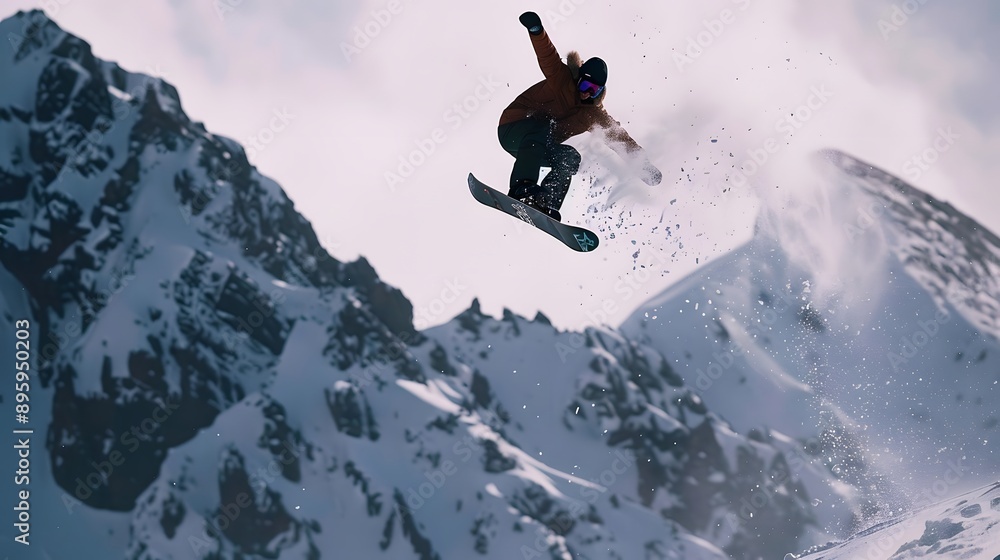 Snowboarding Trick: A snowboarder performing a trick in the air, board tilted and body twisting.
Snowboarding Trick: A snowboarder performing a trick in the air, board tilted and body twisting.