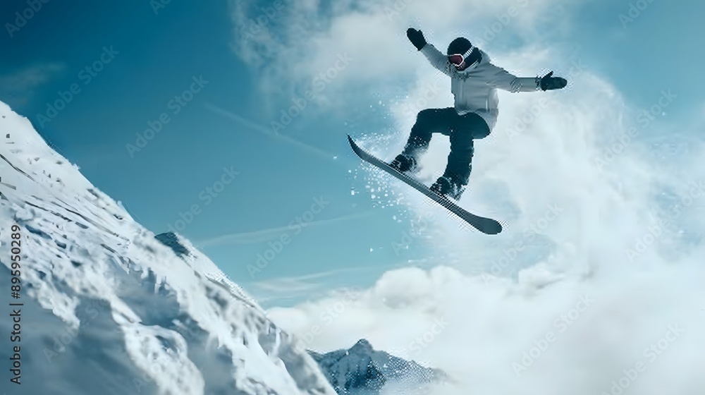 Snowboarding Trick: A snowboarder performing a trick in the air, board tilted and body twisting.
Snowboarding Trick: A snowboarder performing a trick in the air, board tilted and body twisting.