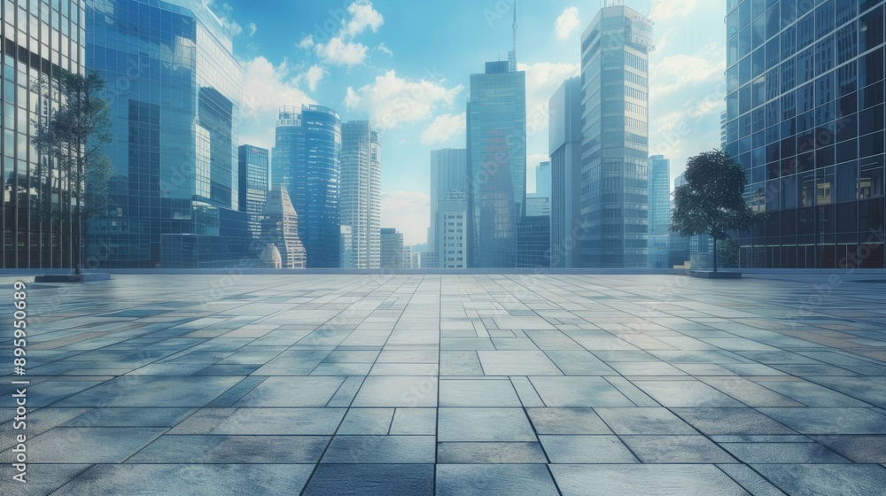 Empty square floor with a backdrop of tall city buildings. Great for urban environment and cityscape visuals. Empty square floor with a backdrop of tall city buildings. Great for urban environment and cityscape visuals.