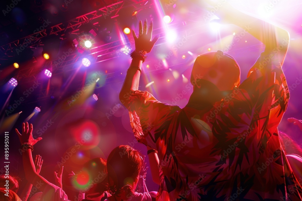 Friends enjoying a Japanese hip-hop concert, hands in the air, bright stage lights, festival atmosphere, Portrait half-body, hyper-realistic, high detail, photorealistic, Key Light, Fill Light Friends enjoying a Japanese hip-hop concert, hands in the air, bright stage lights, festival atmosphere, Portrait half-body, hyper-realistic, high detail, photorealistic, Key Light, Fill Light