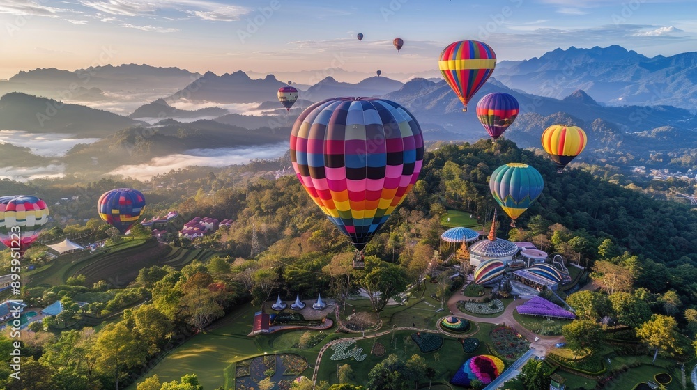 Fototapeta premium Hot air balloons in a rainbow of colors soaring above Doi Inthanon's peaks in Chiang Mai, Thailand. A beautiful sight