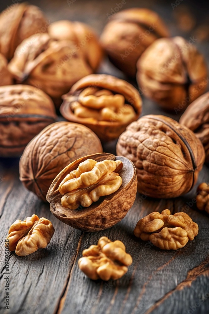 Top view of walnuts on a plain backdrop Top view of walnuts on a plain backdrop