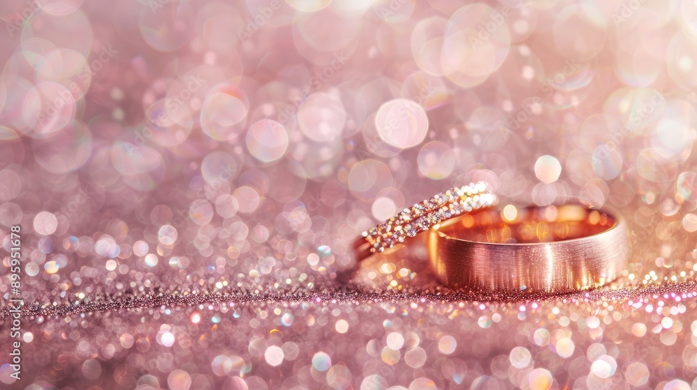 Panoramic format featuring designer wedding rings on a sparkling glitter background. Selective focus with generous copy space. Panoramic format featuring designer wedding rings on a sparkling glitter background. Selective focus with generous copy space.
