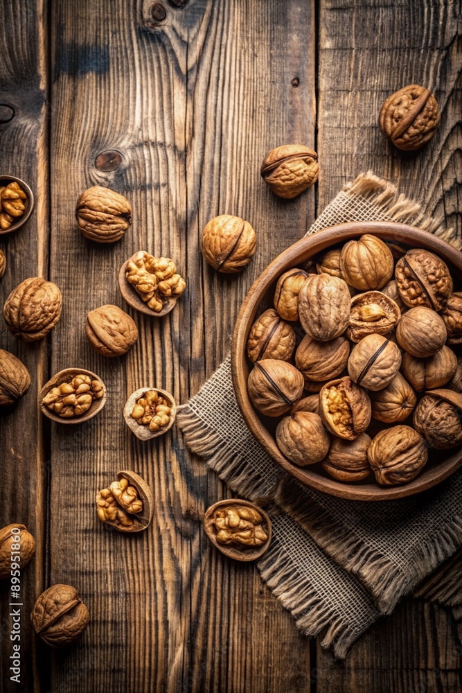 Top view of walnuts on a plain backdrop Top view of walnuts on a plain backdrop
