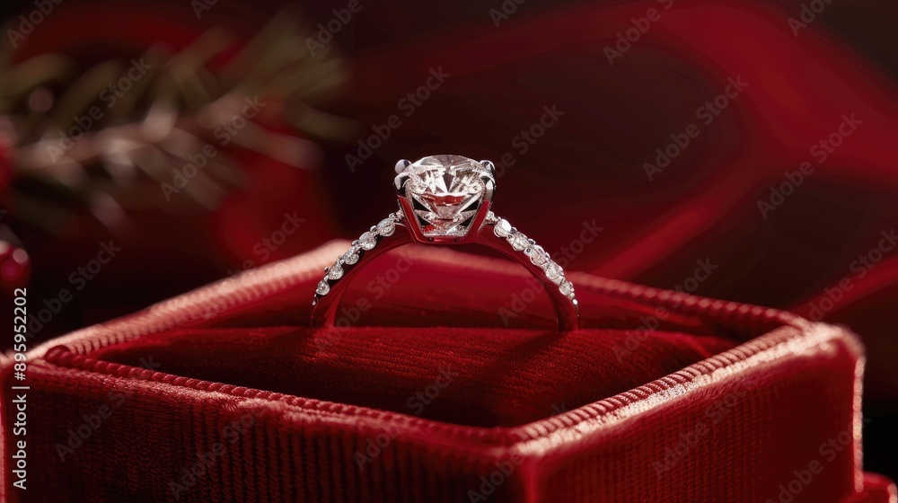 Stunning platinum ring with a big gem diamond in a rich red velvet box. Stunning platinum ring with a big gem diamond in a rich red velvet box.