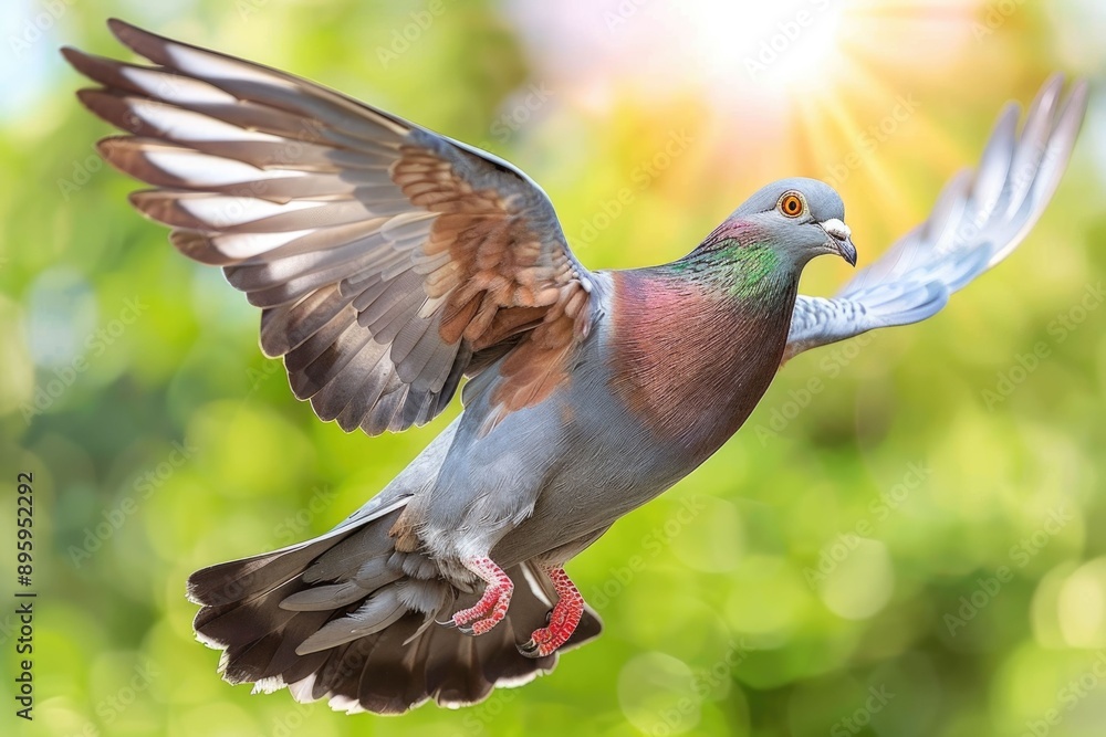 Obraz premium Dove flying with open wings in front of the sun