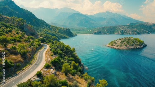 Summer travel on a beautiful road in Turkey, through green mountains and coastal scenery. Perfect vacation route. photo