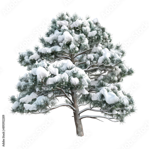 Snow-covered pine tree isolated on a white background, capturing the serene beauty of winter nature and holiday season.
