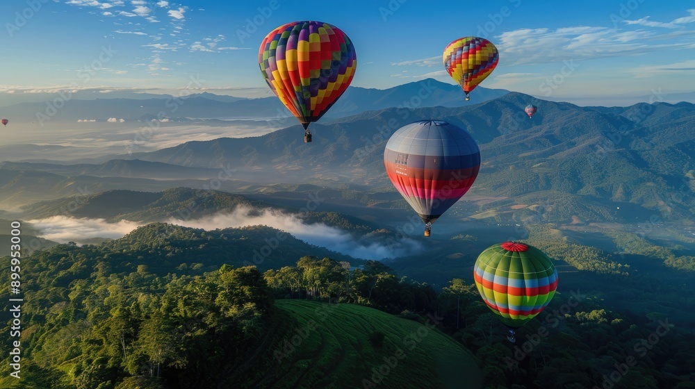 Naklejka premium Vibrant balloons drifting high above Doi Inthanon's scenic peaks in Chiang Mai, Thailand. A stunning view.
