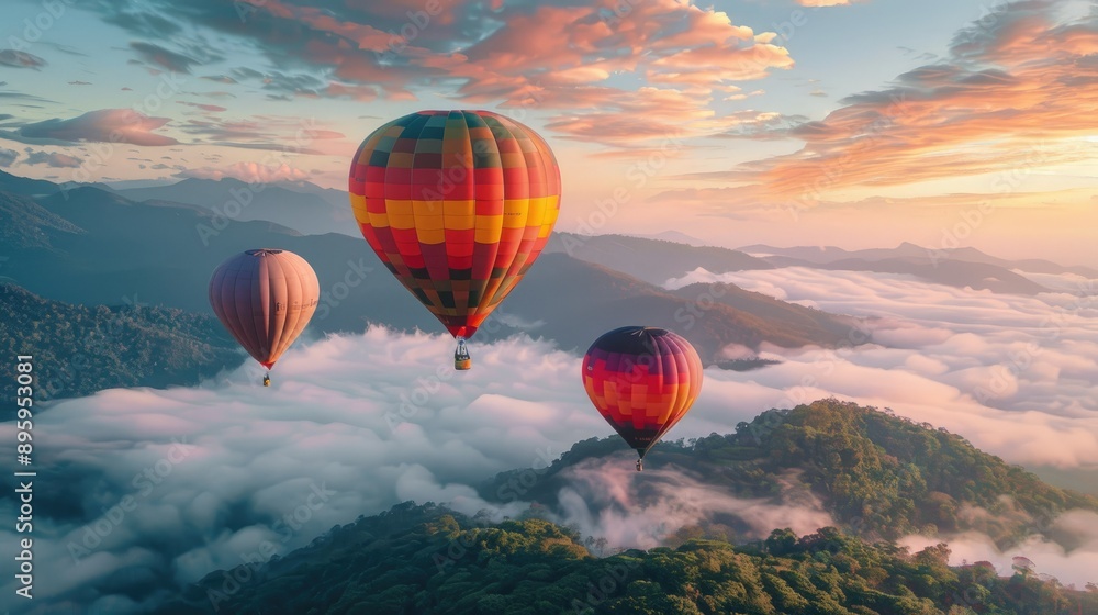 Obraz premium Vibrant balloons soaring high over the scenic mountains of Doi Inthanon, Chiang Mai, Thailand. A stunning flight scene