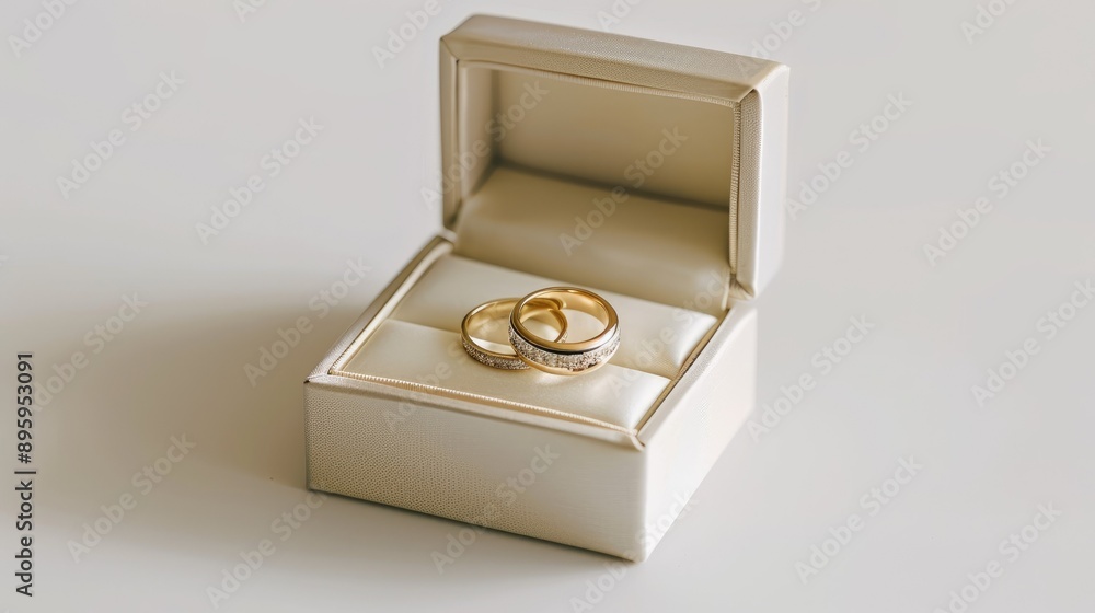 Wedding rings displayed in an open gift box, set against a white background. Perfect for engagement and wedding themes. Wedding rings displayed in an open gift box, set against a white background. Perfect for engagement and wedding themes.